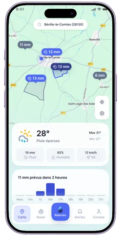 Écran Carte de l’application Waterdrop : marqueurs de pluie sur les parcelles, température et prévisions des deux prochaines heures